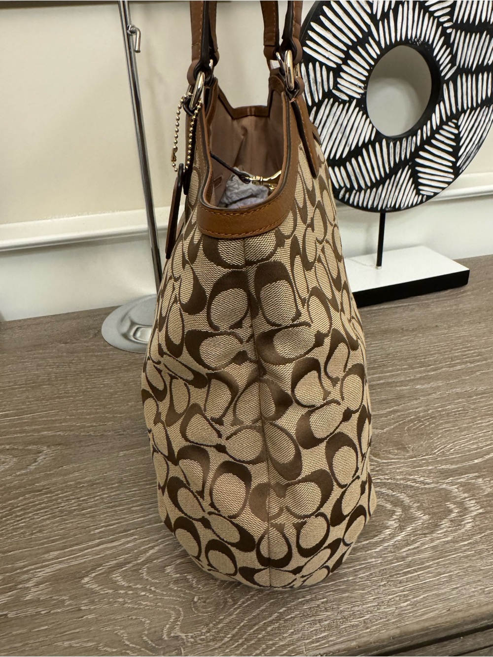 Coach Tan Signature  Canvas Tote with Brown Leather Trim - Picture 7 of 13